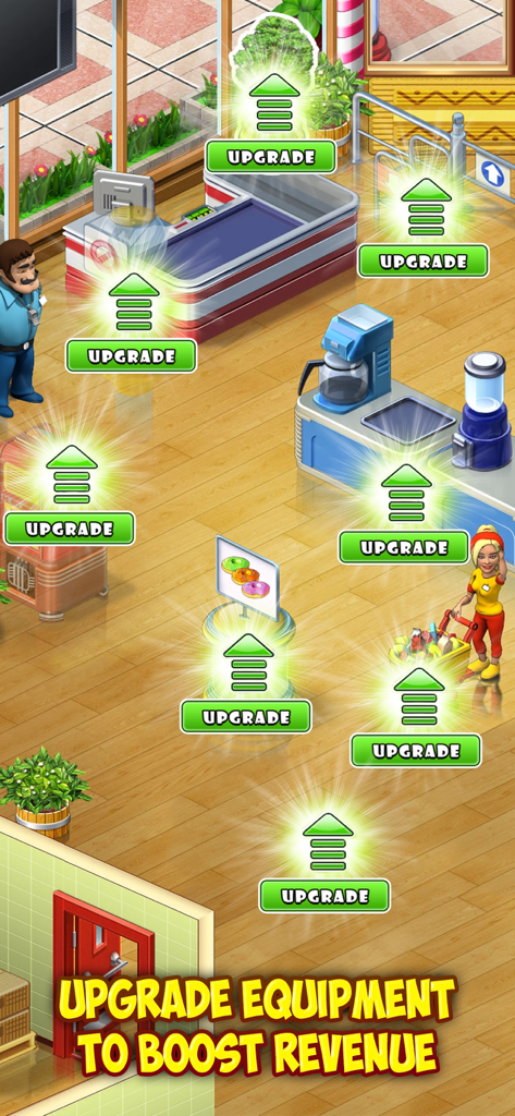 Supermarket Mania Journey - Gameplay screenshot showing store equipment upgrade options in Supermarket Mania Journey.