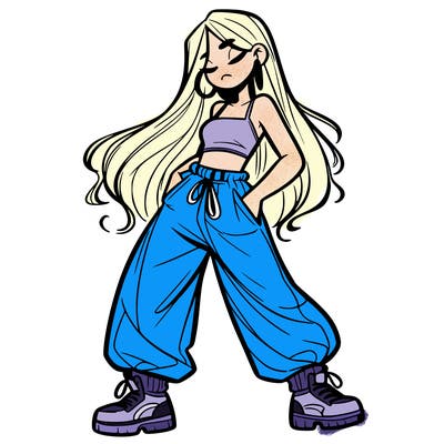 girl in baggy pants crop top and long hair