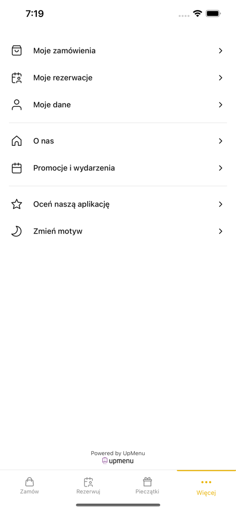 PizzaMario Bydgoszcz의 모바일 앱 인터페이스에 주문 내역, 예약, 프로모션 옵션이 있는 메뉴 화면 표시