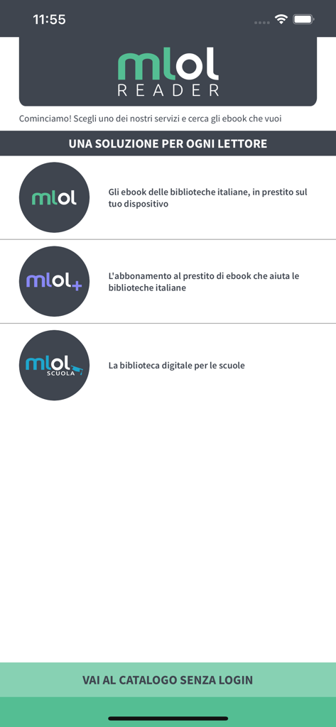 Pantalla de la aplicación MLOL Ebook Reader que muestra las opciones de servicio de préstamo de biblioteca