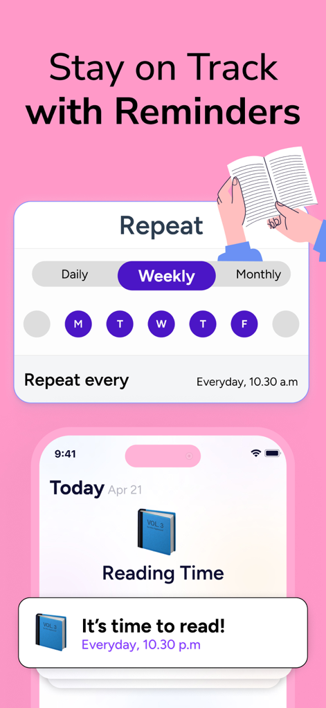 Mindway: Daily Routine Planner - Mindway app interface for setting recurring habit reminders and a notification for scheduled reading