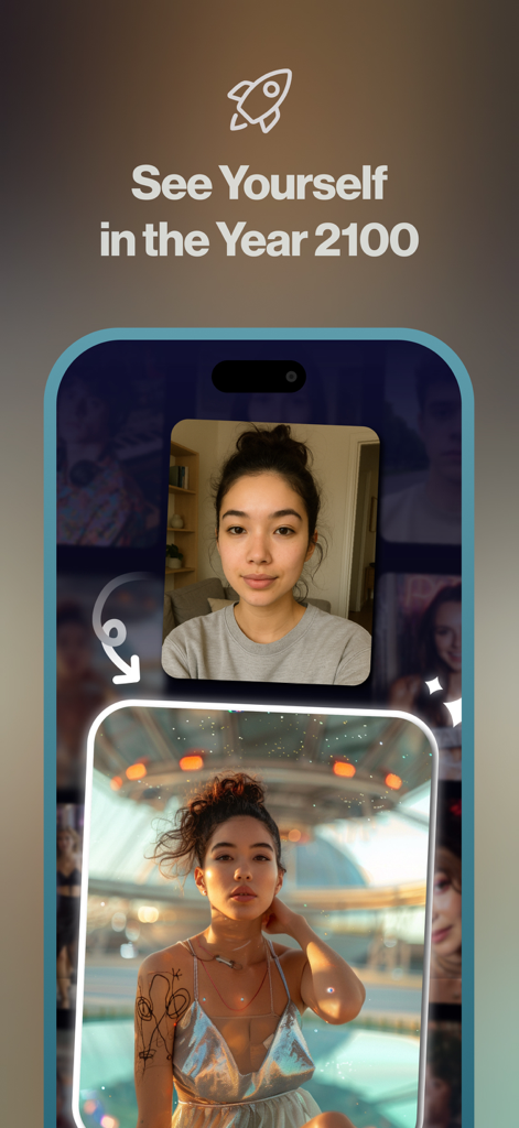 Facely: AI Face Swap & Art - Mobile app interface showing a selfie transformed into a futuristic AI avatar with the text See Yourself in the Year 2100.