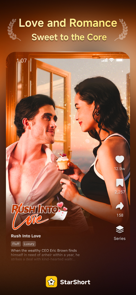 Uma cena romântica de um drama curto intitulado Rush Into Love no aplicativo StarShort