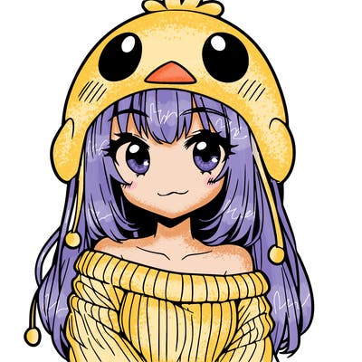anime girl with chick shaped hat with sweater with bare shoulders with bangs covering them one eye with low tail