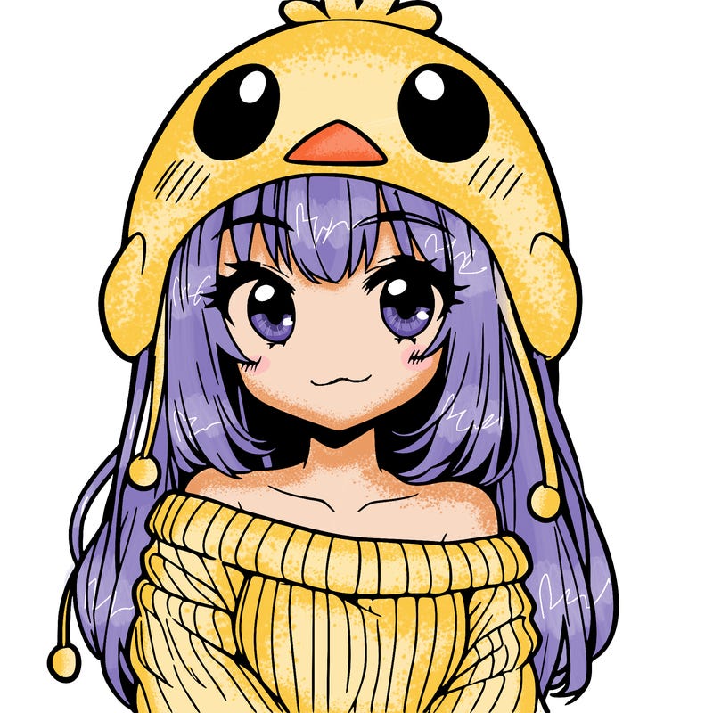 anime girl with chick shaped hat with sweater with bare shoulders with bangs covering them one eye with low tail