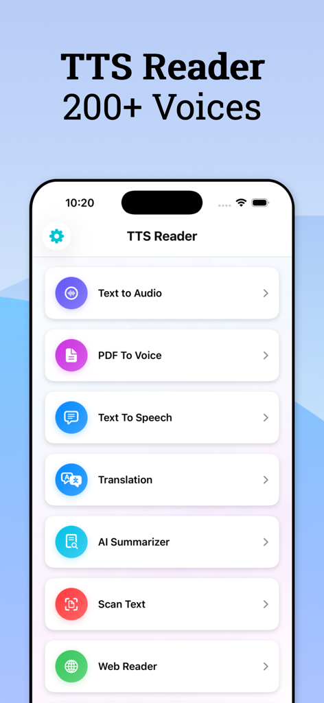 Main menu of the TTS Reader app showing features like Text to Audio PDF to Voice AI Summarizer and Scan Text