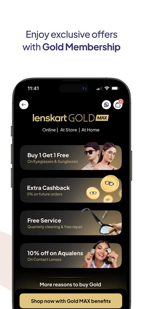 Lenskart: Eyewear - Capture d'écran de l'application mobile Lenskart mettant en avant les avantages et les offres exclusives de l'adhésion Gold