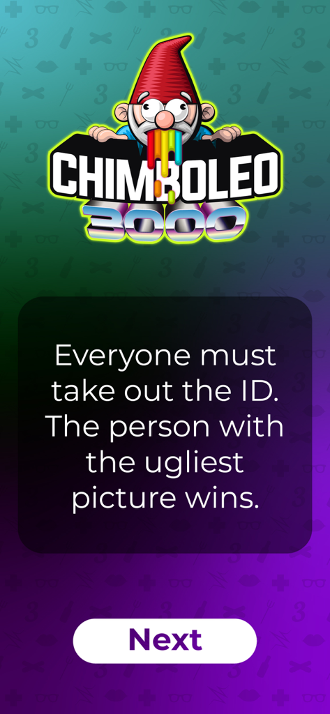Chimboleo 3000 drinking game challenge screen showing a prompt for the ugliest ID picture.