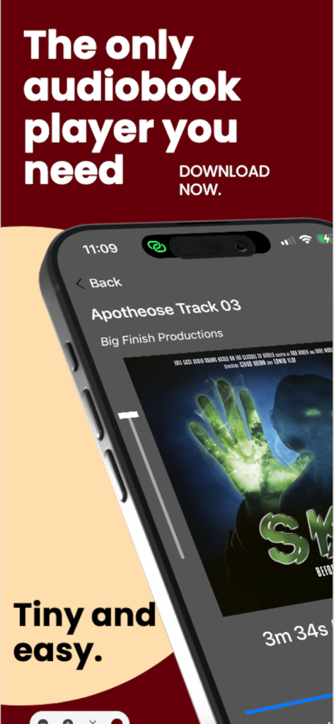 Tiny Audiobook Player app interface showing audio playback controls and book cover