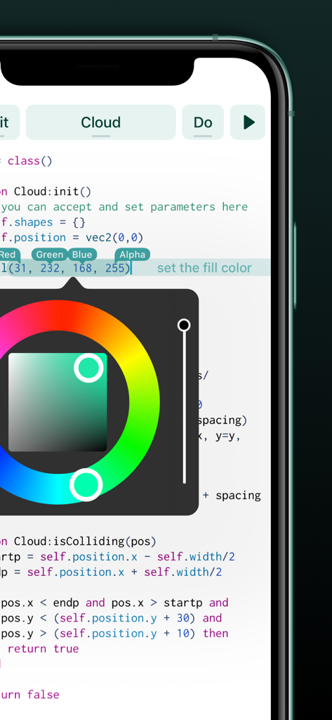 Codea - Una herramienta de selección de color visual superpuesta al código Lua dentro del editor de la aplicación móvil Codea
