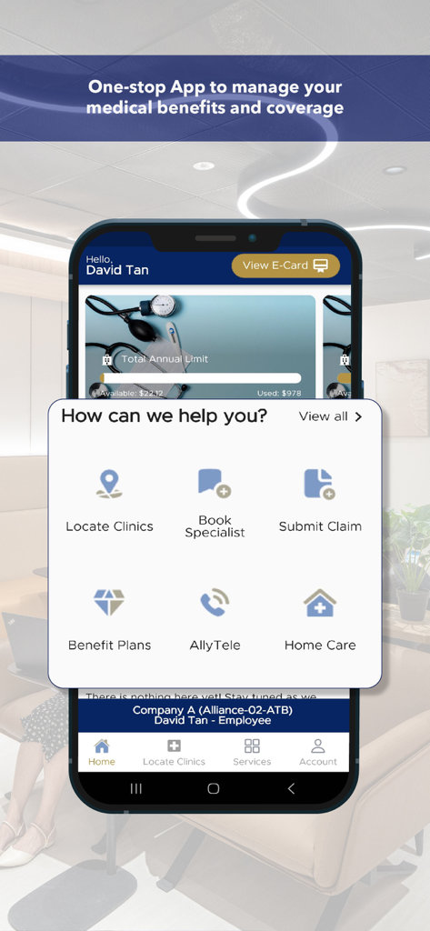 iCare 2.0 - Pantalla de inicio de la aplicación móvil iCare 2.0 que muestra opciones de servicios de atención médica
