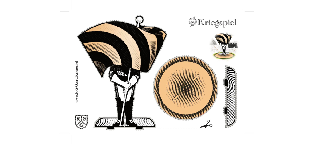 Kriegspiel - Plantilla de recortable de papel con un soldado militar y una bandera a rayas para el juego Kriegspiel.