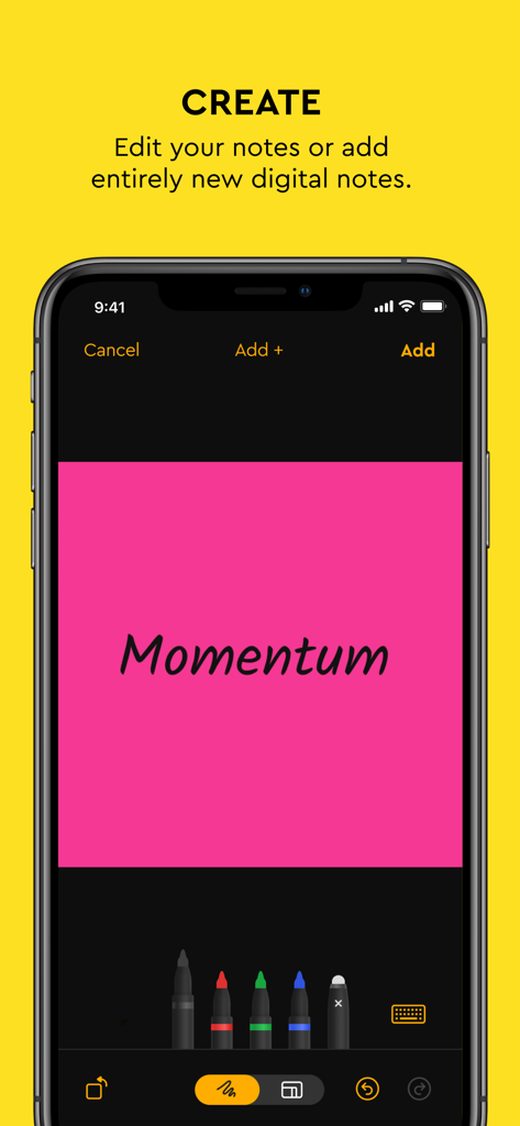 Post-it app interface for creating a digital note with handwriting and color selection tools