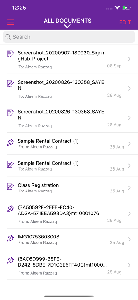 A list of signed and pending digital documents within the SAYEN mobile app interface