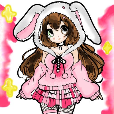 pretty anime girl wearing a fluffy hoodie with bunny ears on the hood and a skirt