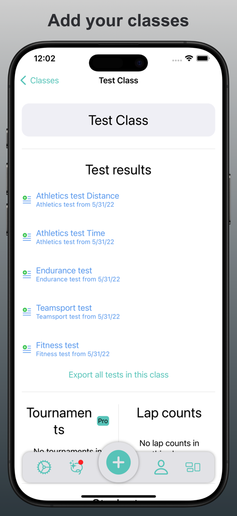 Una interfaz de aplicación móvil que muestra los resultados de las pruebas deportivas para una clase de educación física.