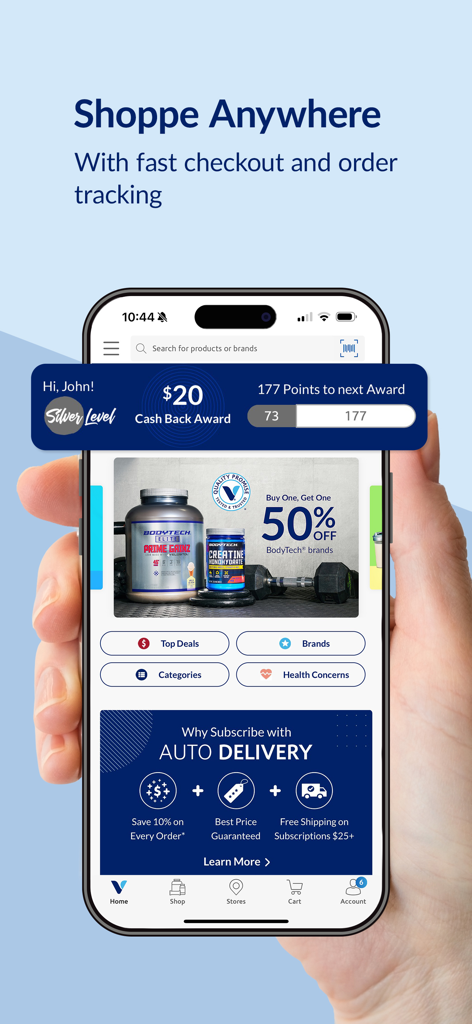The Vitamin Shoppe - VShoppe - Pantalla de smartphone que muestra la página principal de la app The Vitamin Shoppe con recompensas de fidelidad y ofertas de suplementos