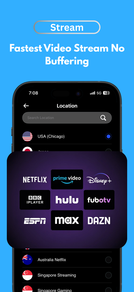 VPN Pro interface showcasing optimized servers for buffer free video streaming on Netflix Disney Plus and Hulu