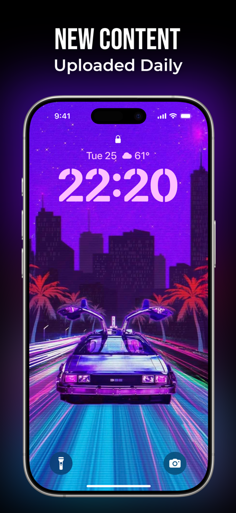 Live Wallpapers -4K Background - Pantalla de bloqueo de iPhone mostrando un coche estilo synthwave y un fondo de ciudad con el texto nuevo contenido subido diariamente