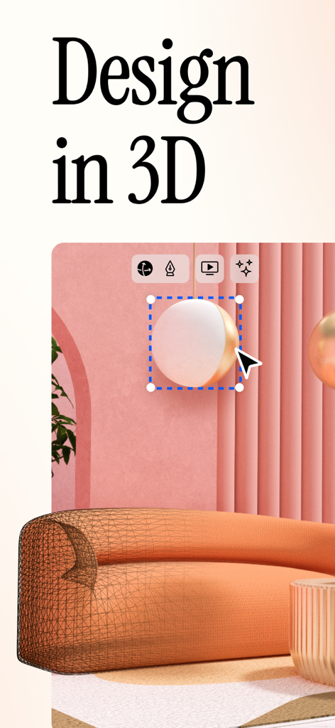 uMake: 3D CAD Modeling, Design - Ein 3D-Innendesign-Arbeitsbereich in uMake, der einen gerenderten Raum und Modellierungswerkzeuge zeigt.