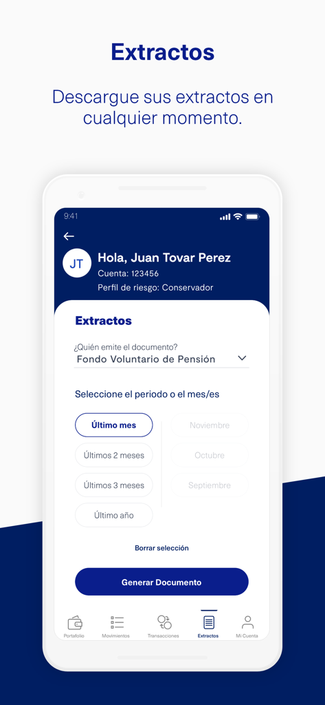 BTG Pactual Colombia - BTG Pactual 콜롬비아 앱 인터페이스, 자발적 연금 펀드 명세서 다운로드 옵션 표시