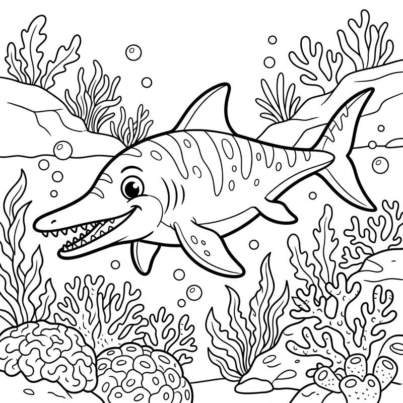 Unearth prehistoric fun with this delightful Ichthyosaur coloring page, specially designed for kids. Little artists will love bringing this smiling ancient marine reptile and its vibrant underwater world to life with their favorite colors.