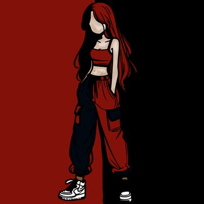 girl in baggy pants crop top and long hair