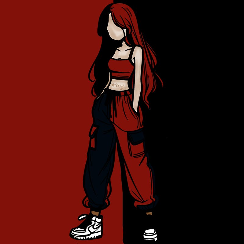 girl in baggy pants crop top and long hair