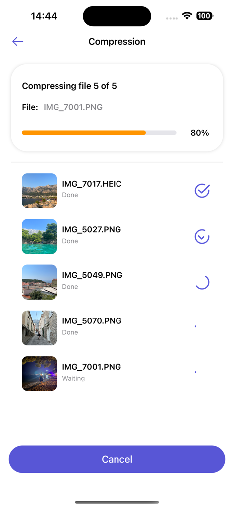 Resize it - compress any image - Interfaccia dell'app Resize it che mostra una barra di avanzamento per la compressione batch di foto HEIC e PNG.