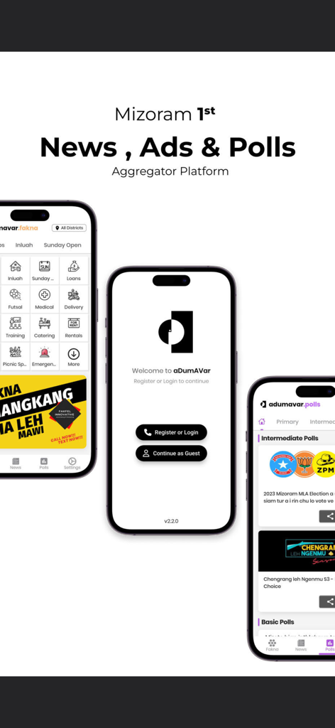 aDumAVar - Screenshots of the aDumAVar app showing its news ads and polls aggregator interface