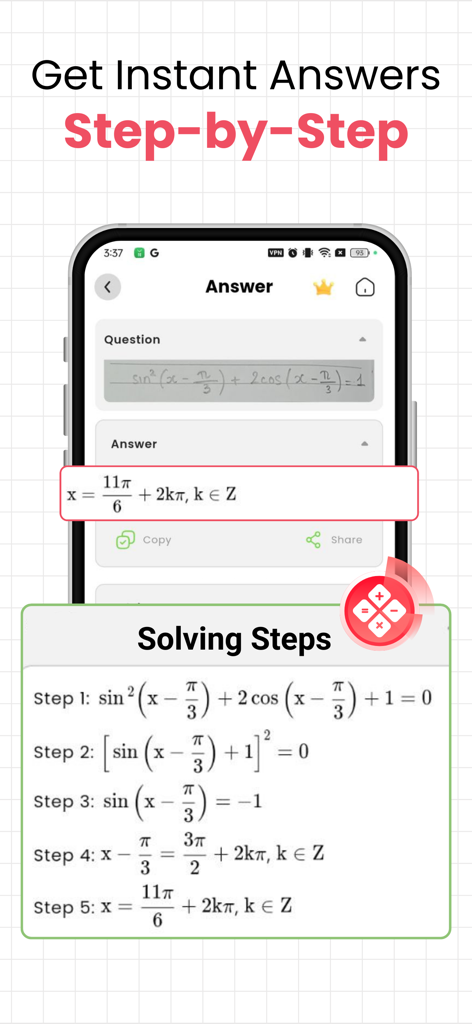 Math Solver－AI Homework Helper - Screenshot of Math Solver app showing detailed step by step instructions for a math problem