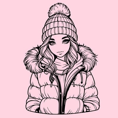 realistic girl with beanie and puff jacket