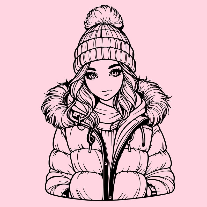 realistic girl with beanie and puff jacket