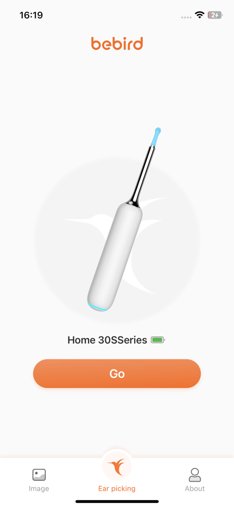 bebird - Bebird アプリのホーム画面。視覚式耳クリーニングデバイスと開始ボタンが表示されます。