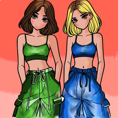 two girls with crop top with baggy pants