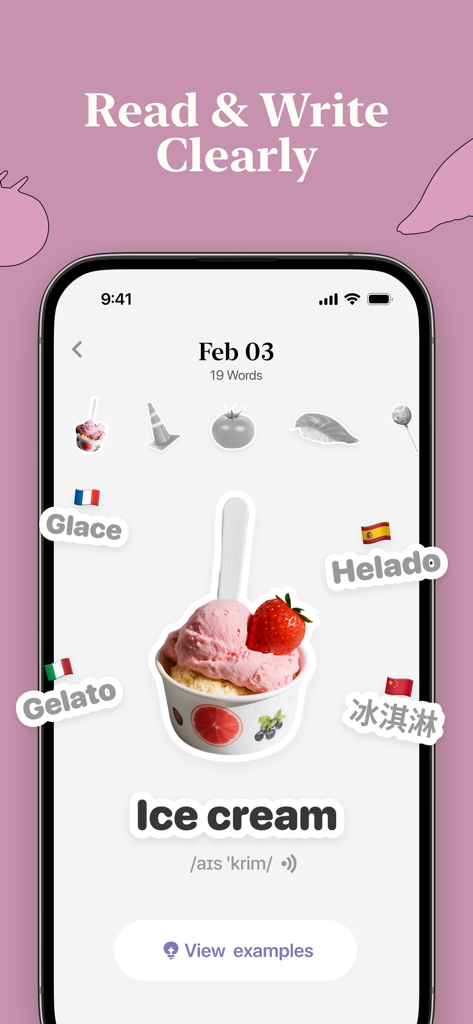 CapWords AI: Learn Languages - CapWords AI app interface showing a visual flashcard for ice cream with translations in French Spanish Italian and Chinese
