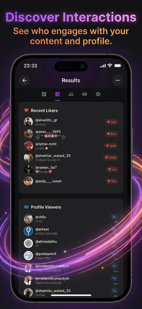 Painel do aplicativo FollowPeek mostrando listas de curtidores recentes e visualizadores de perfil do Instagram