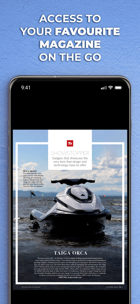A smartphone displaying a high-end electric jet ski review in the T3 Australia digital magazine app.
