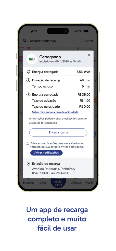 ZON Charge - 스마트폰 화면에 ZON Charge 앱으로 실시간 전기차 충전 진행 상황, 에너지 소비량 및 비용 표시