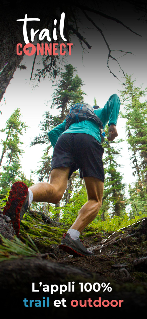 Trail Connect - Man trail running uphill in a forest for the Trail Connect app