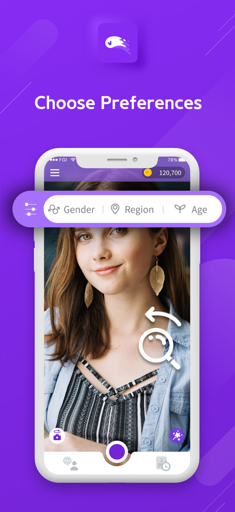 Guroja app interface showing video chat preference filters for gender region and age