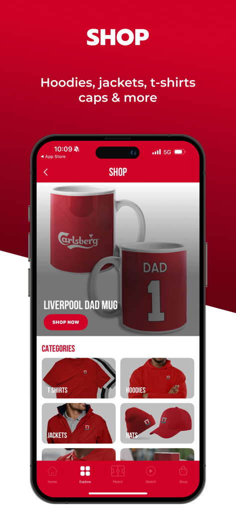 The Kop - Live Scores & News - A mobile app screen showing a shop for Liverpool FC merchandise with categories for t-shirts hoodies jackets and hats
