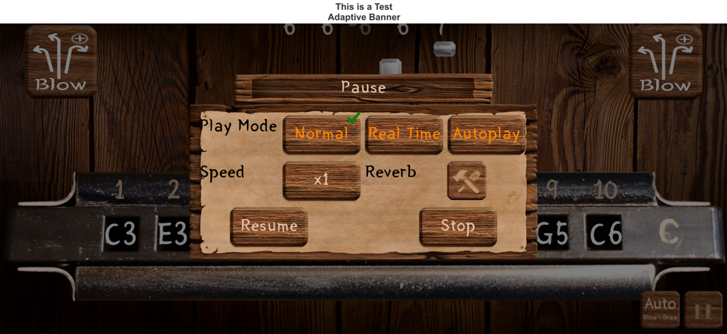 Harmonica Real Pro - Harmonica Real Pro pause menu showing play mode and speed settings over a digital harmonica