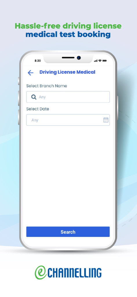 eChannelling - Mobile app screen of eChannelling showing the driving license medical test booking interface with branch and date selection.