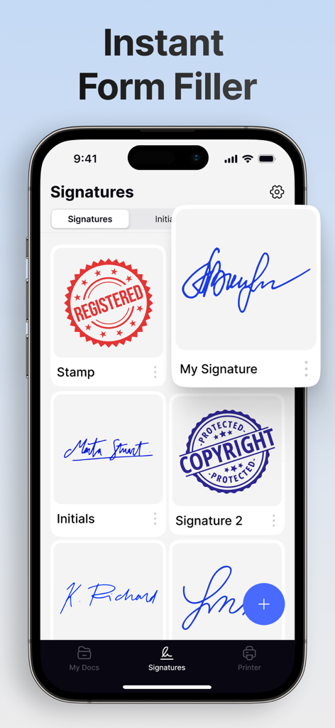 A mobile interface from the e Sign app showing a gallery of saved digital signatures and official stamps like Registered and Copyright.