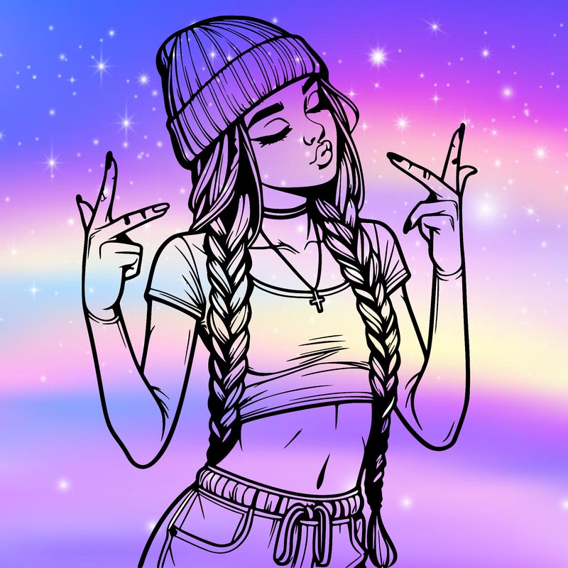 realistic teenage girl with braids and a beanie and crop top doing 🫶🏼