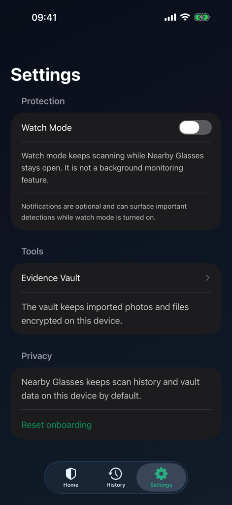 Nearby Glasses Scanner - Settings page of Nearby Glasses Scanner app showing Watch Mode toggle and Evidence Vault link