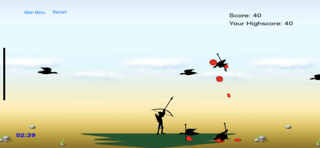 Stickman archer shooting birds in the Bowman mini game mode with timer and score display