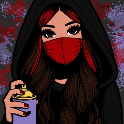 girl wearing a mask with long hair with her hood up spray-painting realistic