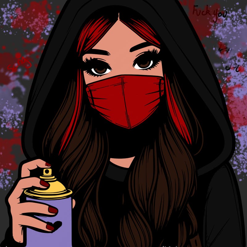 girl wearing a mask with long hair with her hood up spray-painting realistic